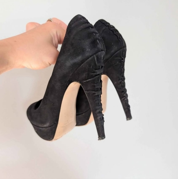 Miu Miu Black Suede Pumps Ruched Heel, 6.5, Platform, 5" Heel Classic, Sexy - Picture 3 of 10